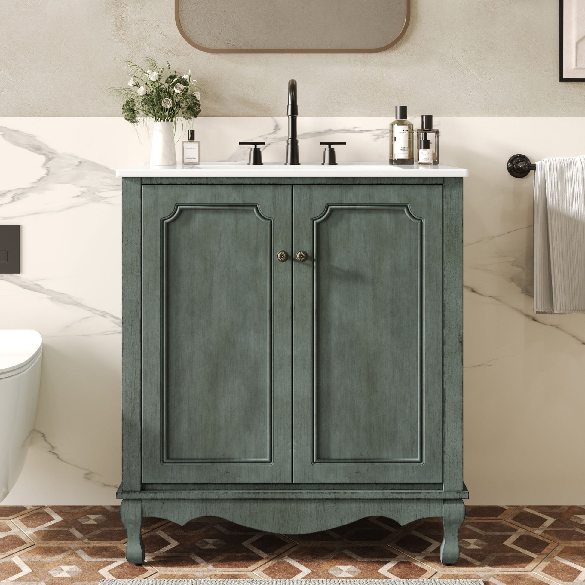 Vintage Bathroom Vanity With Ceramic Sink, Adjustable Shelves Noble House
