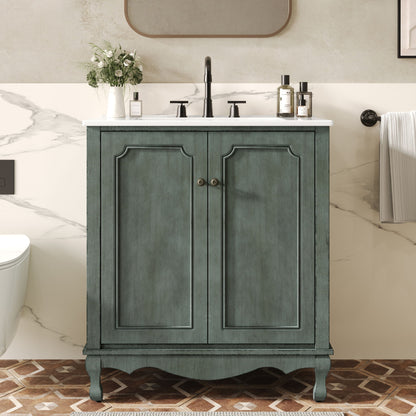 Vintage Bathroom Vanity With Ceramic Sink, Adjustable Shelves Noble House