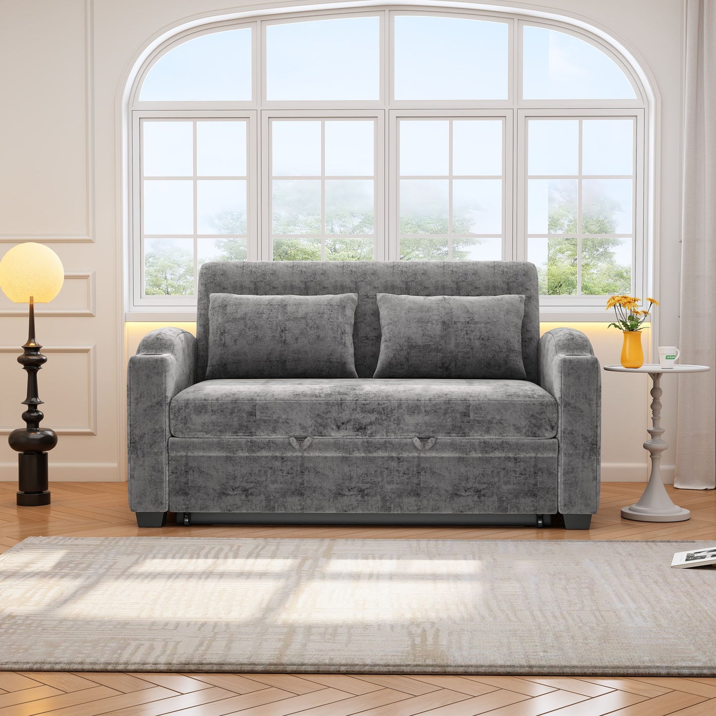 Pull Out Loveseat Sofa With Adjsutable Backrest, 2 Pillows, Cup Holders, USB Ports For Living Room Hearth and Haven