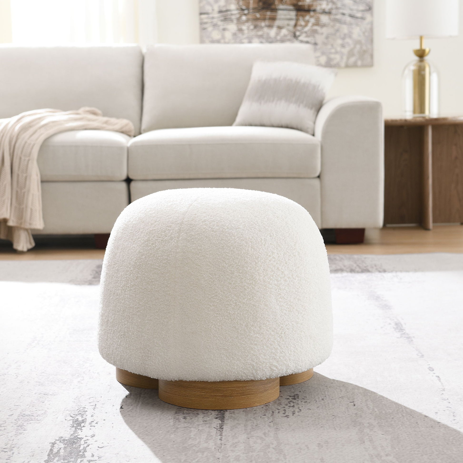 Round Soft Teddy Fabric Upholstered Ottoman With Metal Accents Home Essentials