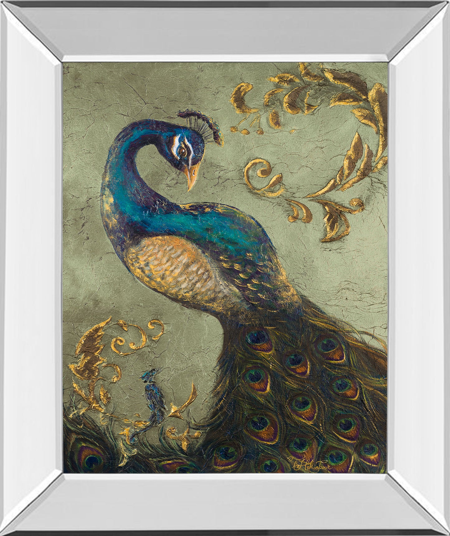 22x26 Peacock On Sage Il By Tiffany Hakimipour - Mirror Framed Print Wall Art - Blue