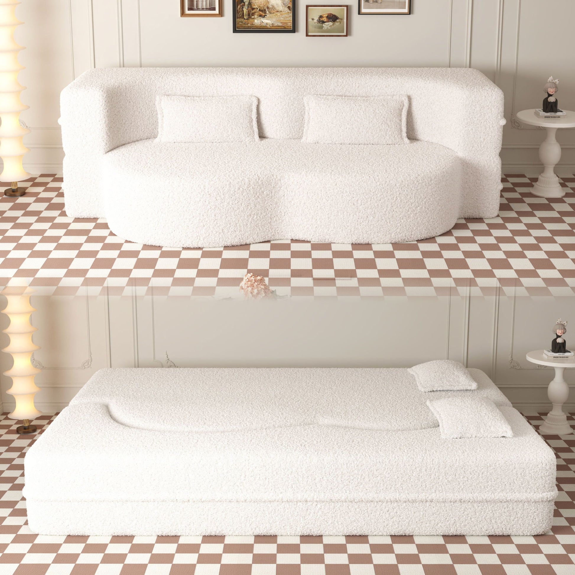 Modern Floor Sofa, With 2 Pillows, Convertible Teddy Fabric Foam Filled Bed Home Essentials