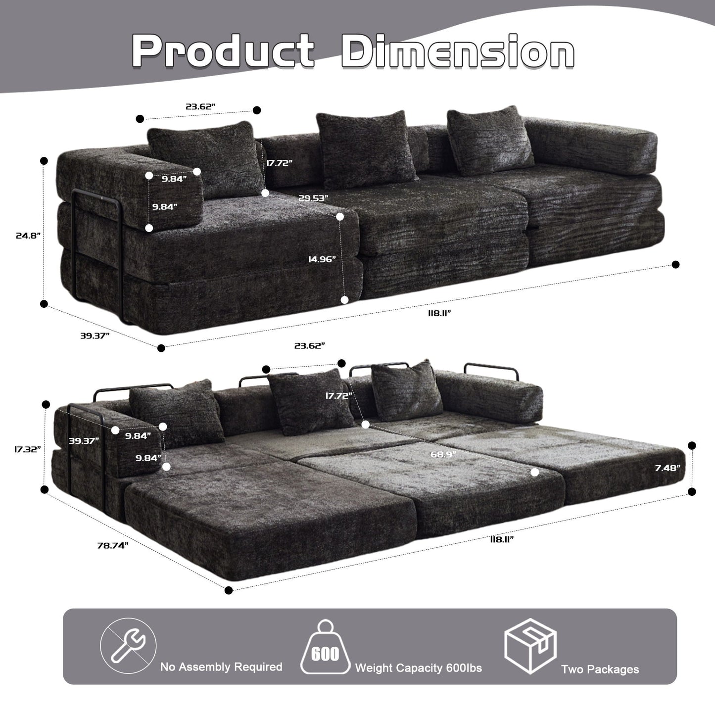 Convertible Floor Sofa Bed, Boneless Modular Sectional Sofa For Living Room Home Essentials