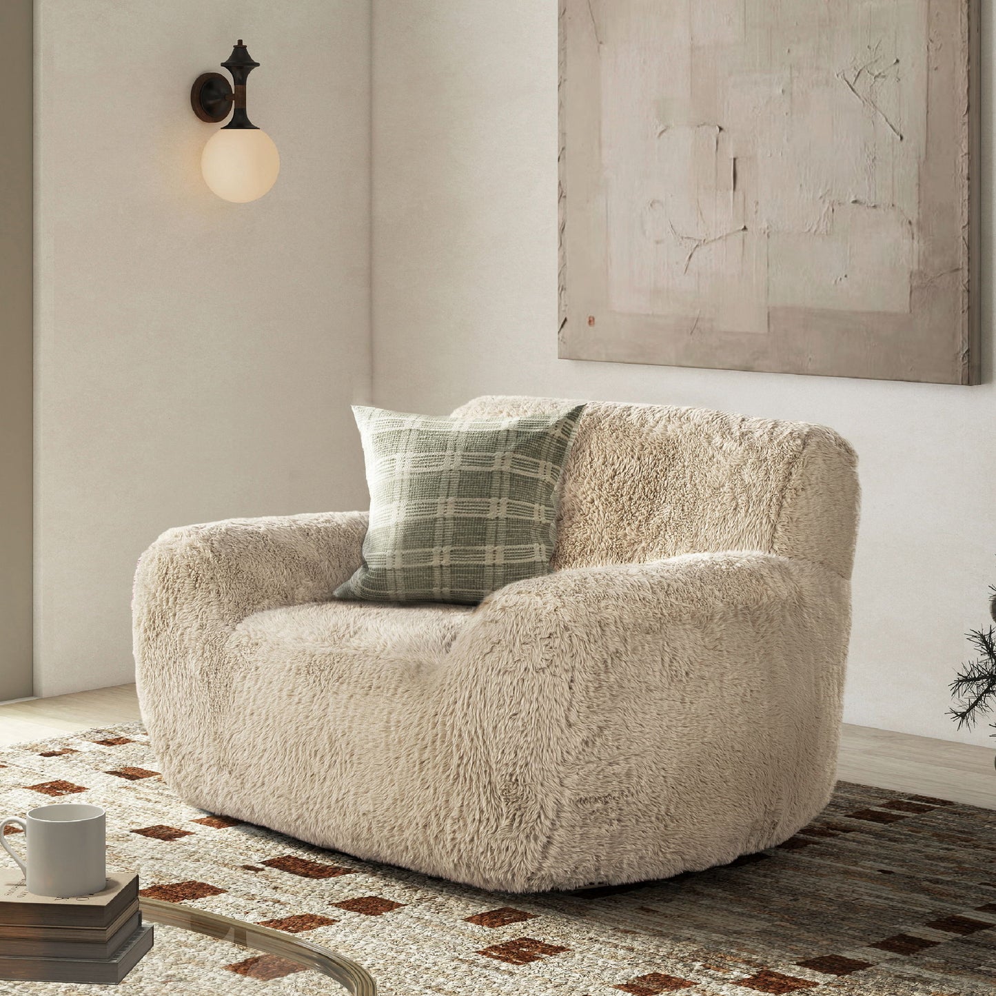 Summit - Faux Sheepskin Overstuffed Arm Chair - Cream Beige Jennifer Taylor Home