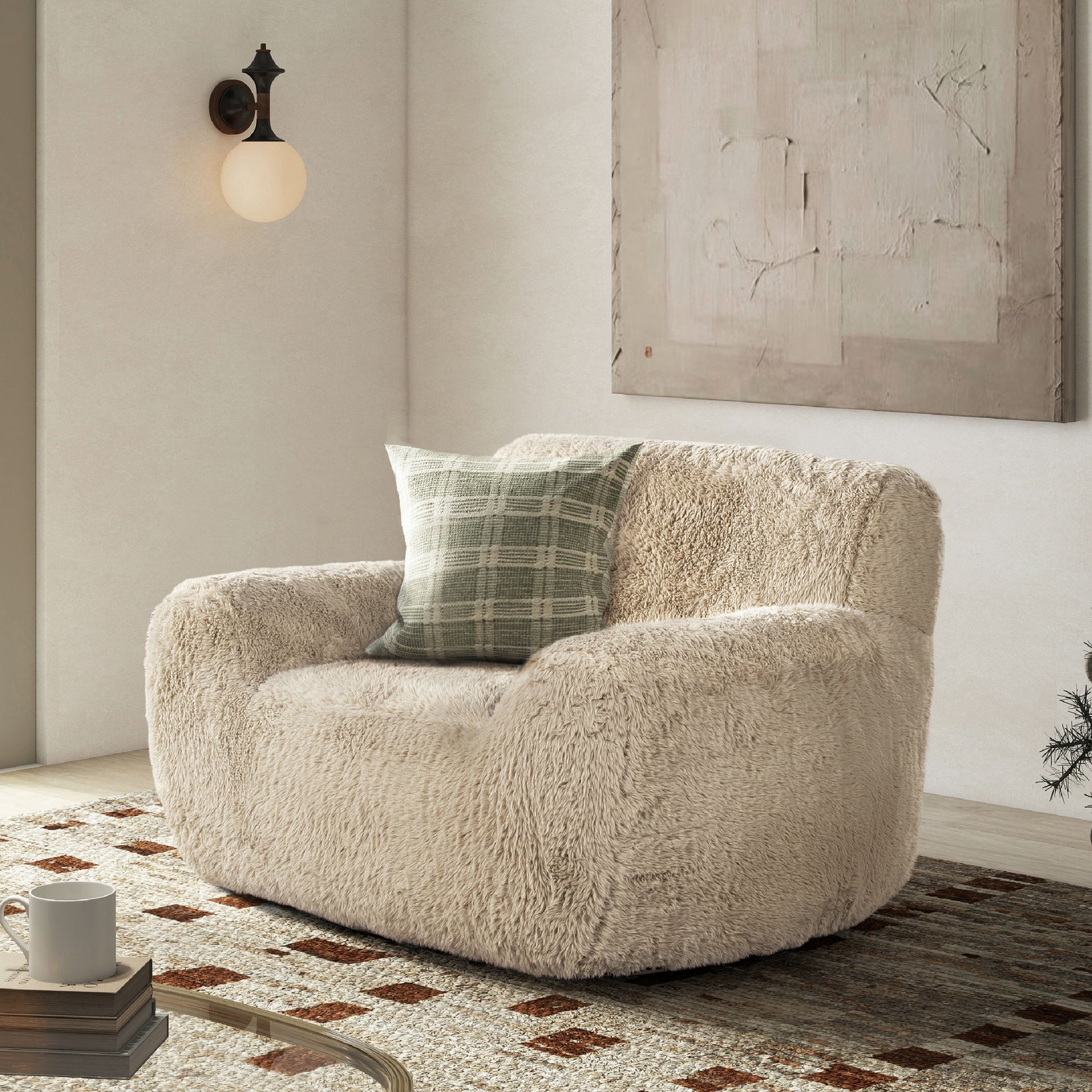 Summit - Faux Sheepskin Overstuffed Arm Chair - Cream Beige Jennifer Taylor Home