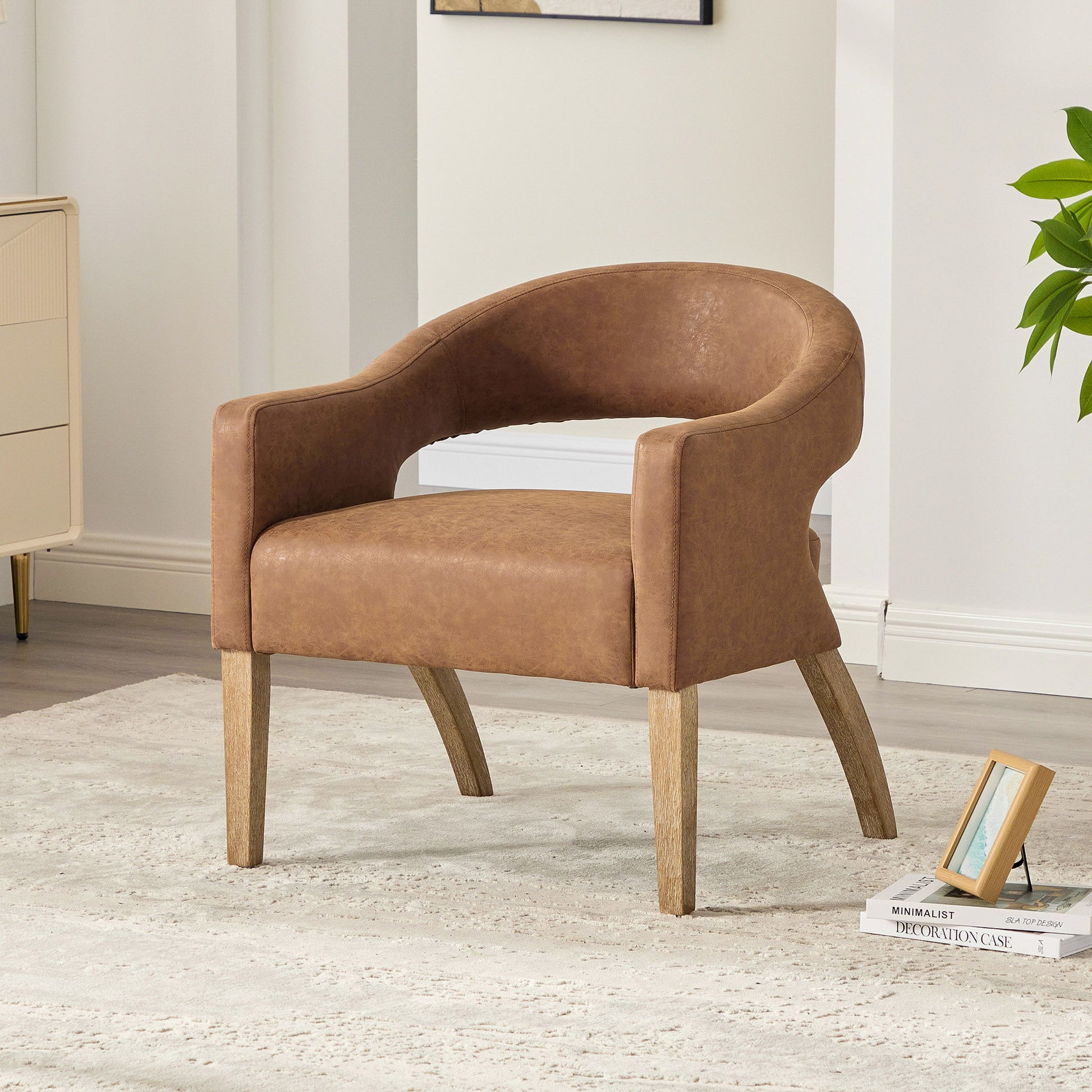 Upholstered Open Back Armchair With Weathered Rubberwood Legs Home Essentials