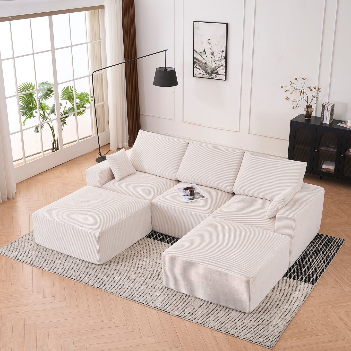 Modular Sectional Sofa With Ottoman, USB And Type C Charger, Petal Armrest Design - Snoozhouse