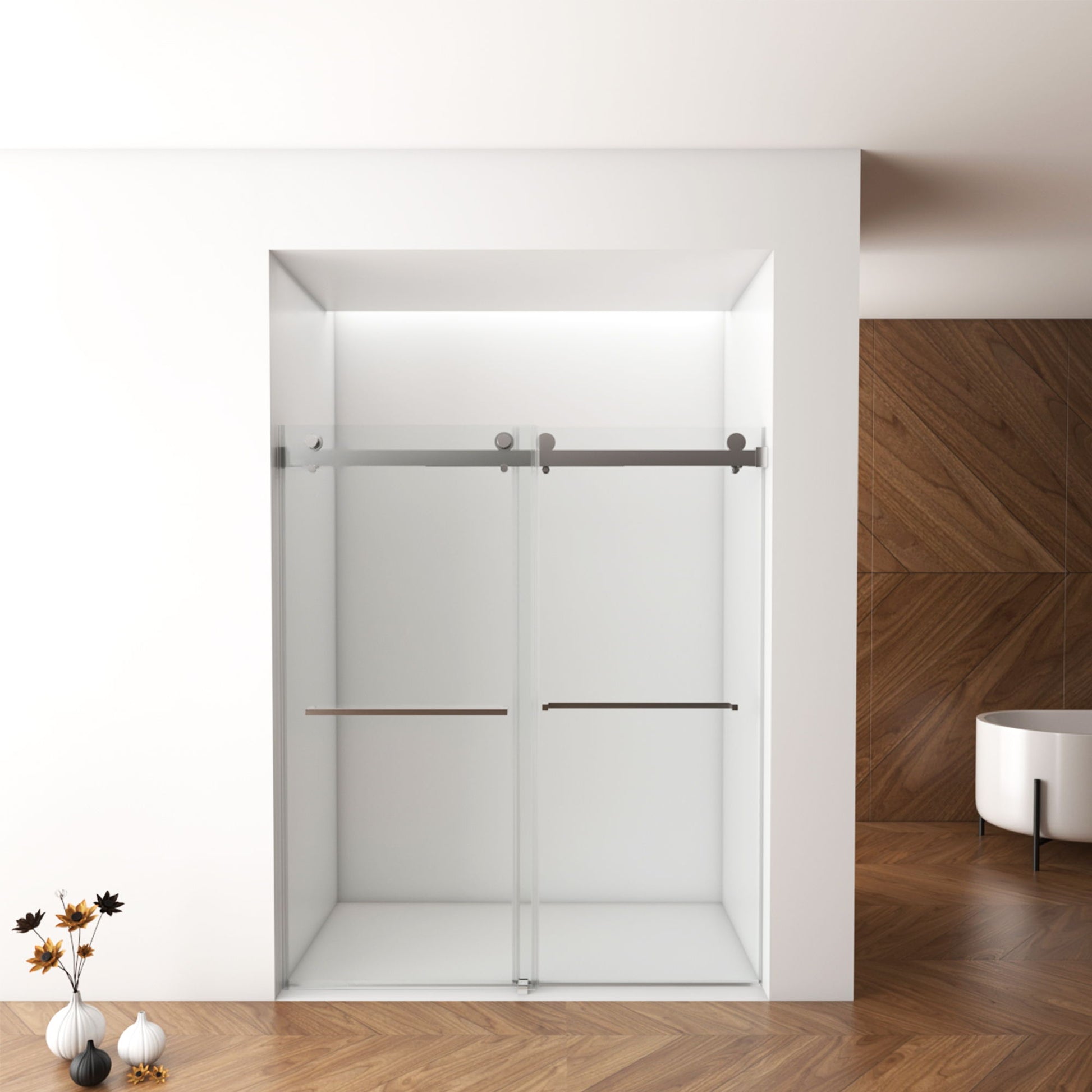 Frameless Shower Door, Double Sliding Shower Door, Clear Tempered Glass Shower Enclosure With Square Rail, Double Side Easy Clean Coat, Finished With Buffer Daily Nest