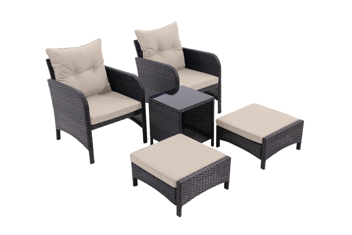 5 Piece Outdoor Patio Furniture Set, All Weather PE Rattan Conversation Chairs With Armrest And Removable Cushions, Ottomans And Storage Coffee Table For Poolside Garden Balcony