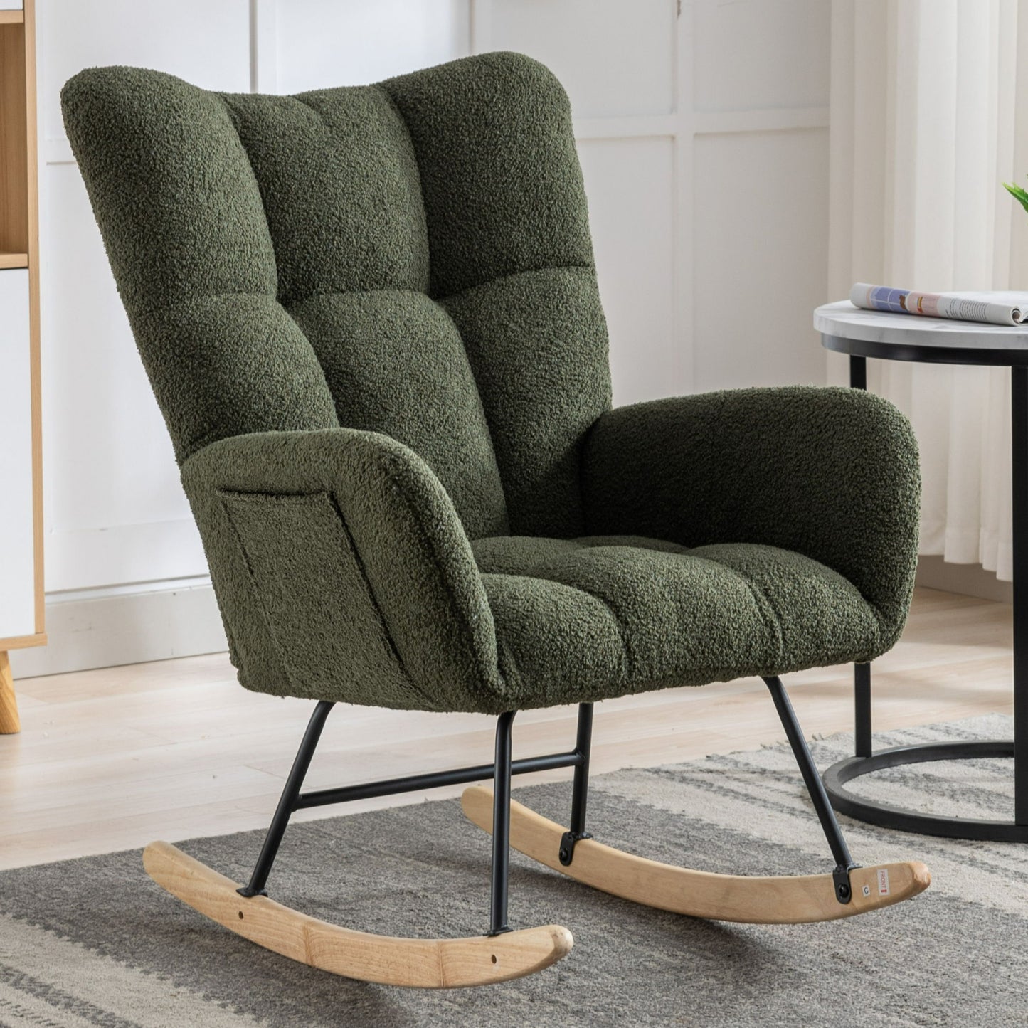 30.3" Rocking Chair With Pocket, Soft Teddy Fabric Rocking Chair For Nursery, Comfy Wingback Glider Rocker With Safe Solid Wood Base For Living Room Bedroom Balcony - Dark Green