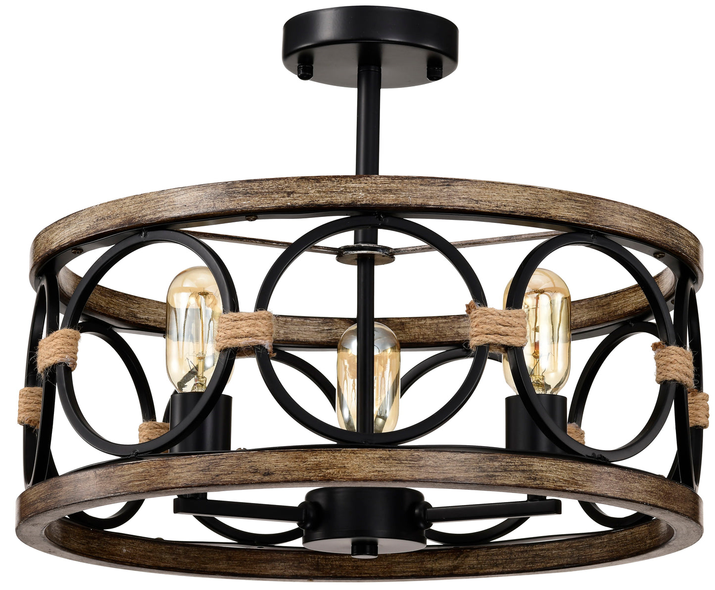 3 Light Drum Chandelier Farmhouse Chandelier Modern Pendant Light Fixtures For Kitchen Lighting Fixture For Dining Room, Foyer, Entry, Staircase, Hallway - Matte Black / Wood