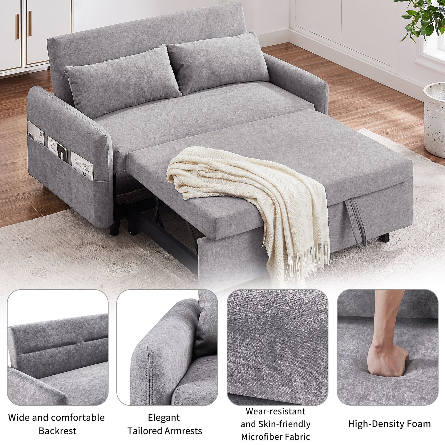 Pull Out Sleep Sofa Bed Loveseats Sofa Couch With Adjsutable Backrest, Storage Pockets, 2 Soft Pillows, USB Ports For Living Room, Bedroom, Apartment, Office Hearth and Haven