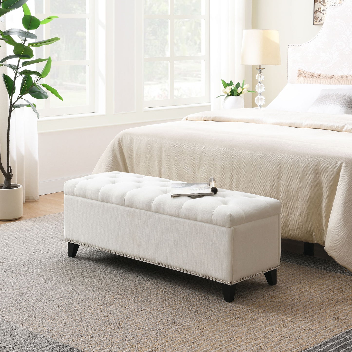Button-Tufted Storage Ottoman With Safety Close Hinge Home Essentials