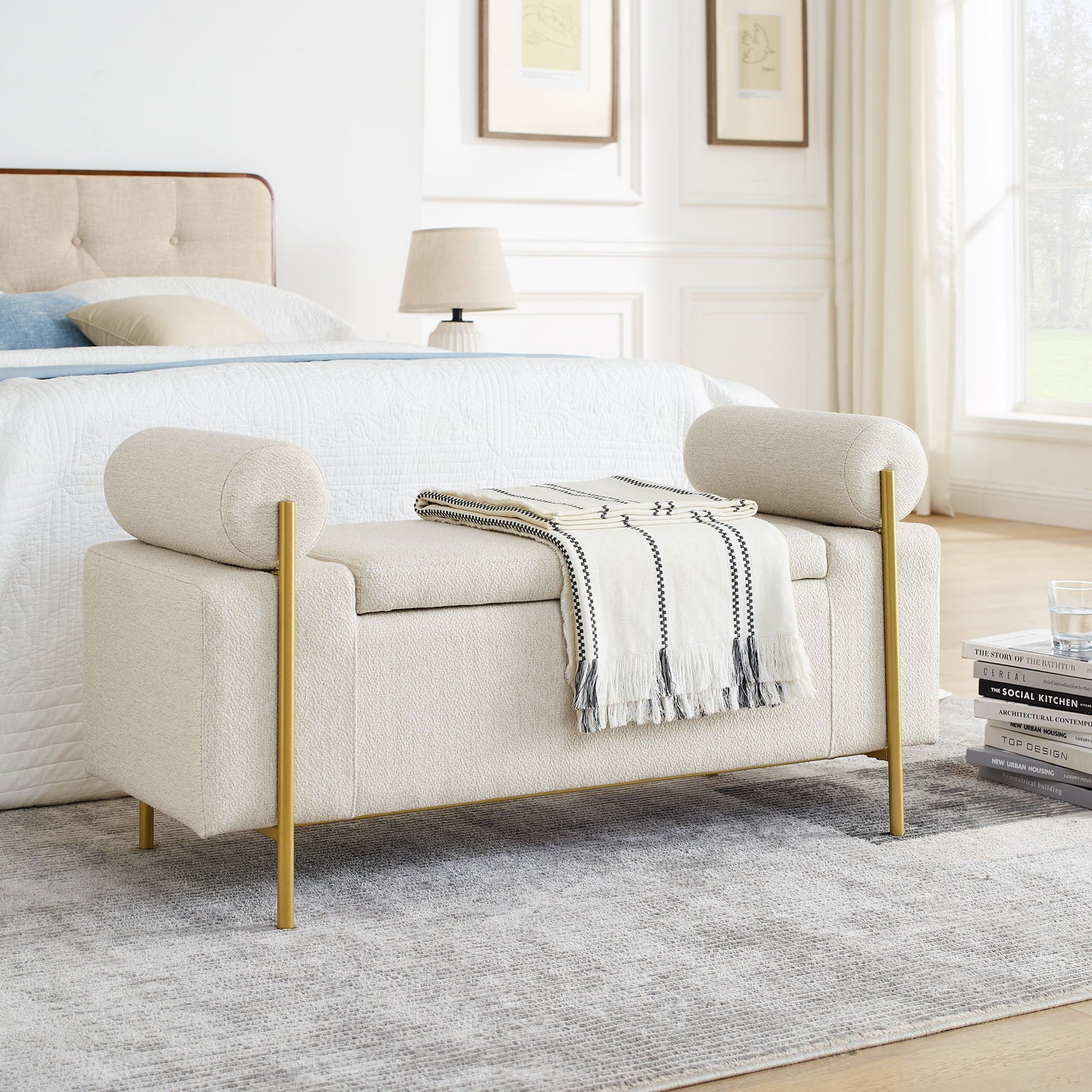 Elegant Upholstered Linen Storage Bench With Cylindrical Arms And Iron Legs, White Home Essentials