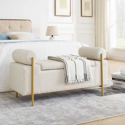 Elegant Upholstered Linen Storage Bench With Cylindrical Arms And Iron Legs, White Home Essentials