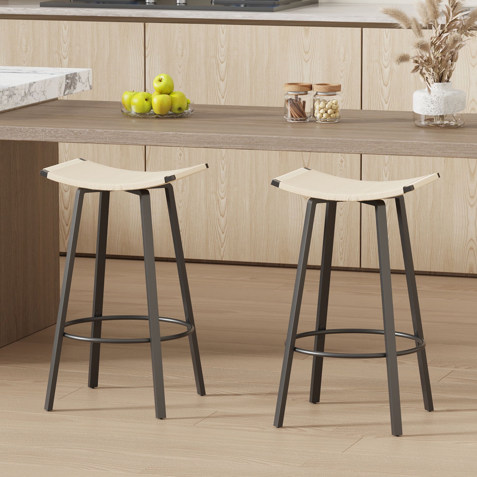 Counter Height Bar Stools Backless Handwoven Kitchen Dining Chairs With Round Footrest (Set of 2) Weaving Pub Stoo - Creamy White Home Essentials