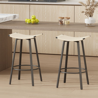 Counter Height Bar Stools Backless Handwoven Kitchen Dining Chairs With Round Footrest (Set of 2) Weaving Pub Stoo - Creamy White Home Essentials