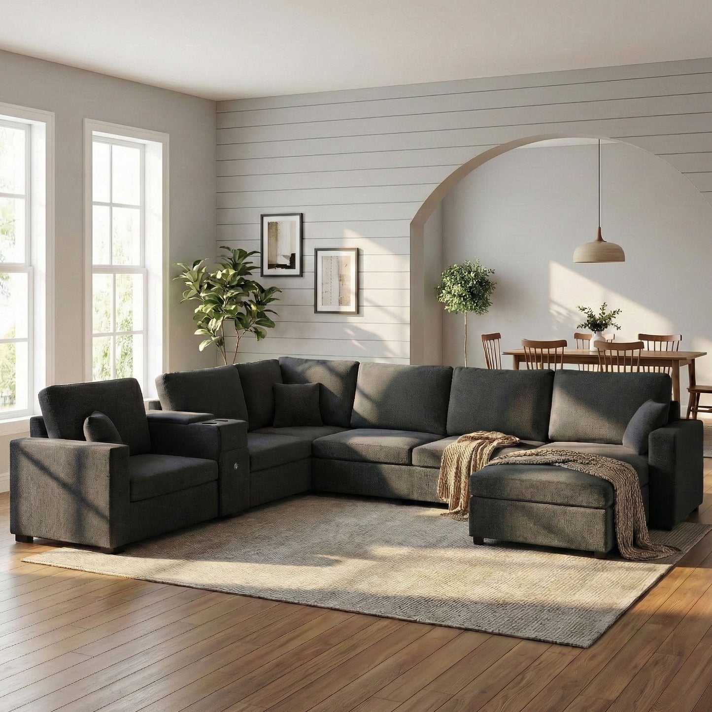 Modular 5 Seat U-Shape Sectional Sofa With Chaise Lounge, Built In Cup Holders And Storage Drawer Hearth and Haven