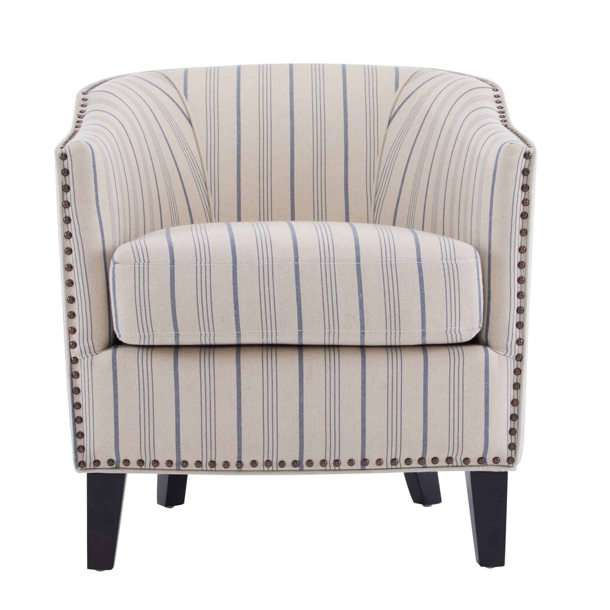 Transitional Upholstered Stripe Barrel Chair With Birch Wood Legs And Plush Cushioned Seat - Beige / Blue Stripe Noble House