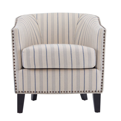 Transitional Upholstered Stripe Barrel Chair With Birch Wood Legs And Plush Cushioned Seat - Beige / Blue Stripe Noble House