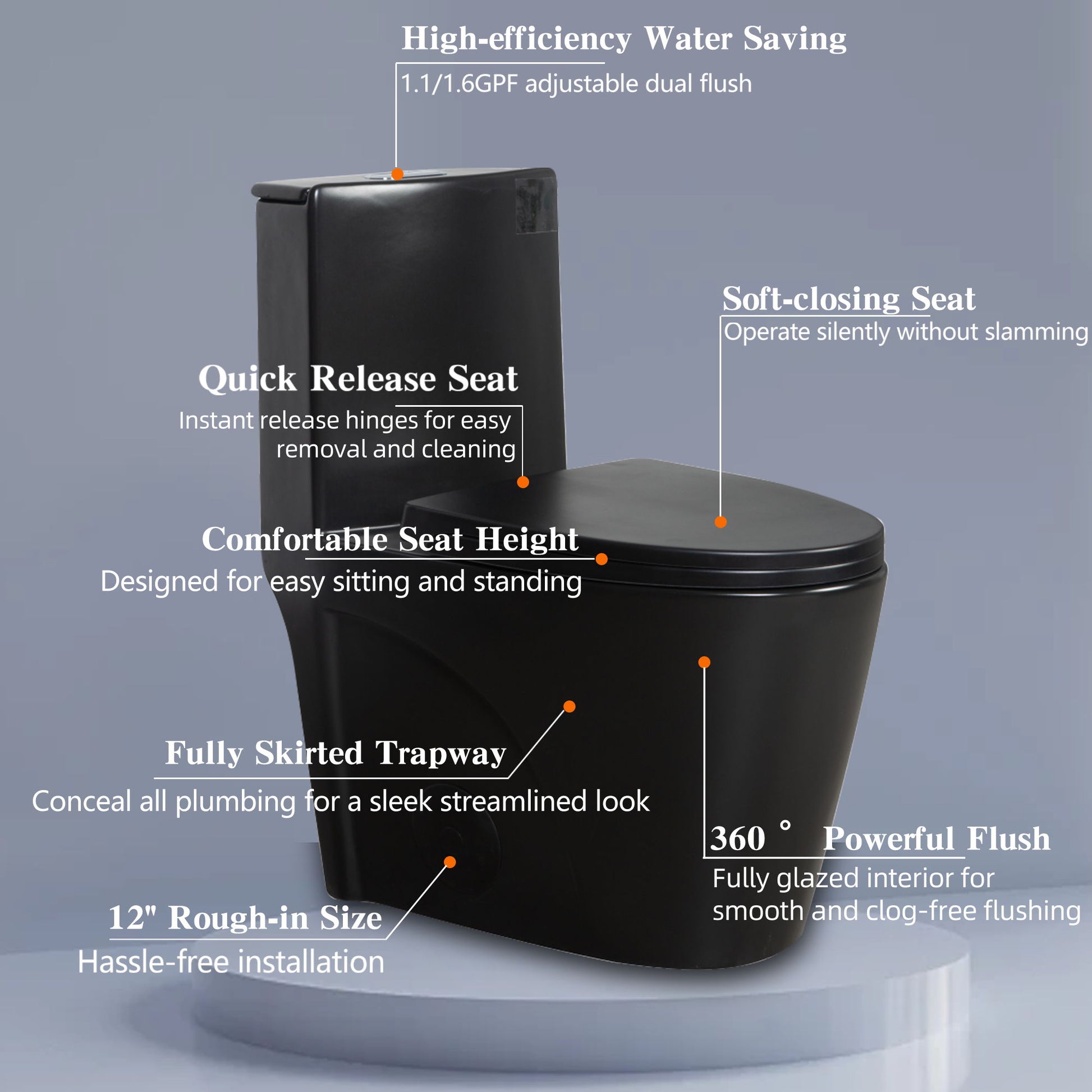 1.1 / 1.60 Gpf Dual Flush 1 Piece Toilet, Water Saving Elongated Comfort Height Floor Mounted, Soft Close Seat, 1000 Gram Map Flushing Score Toilet - Matte Black Daily Nest