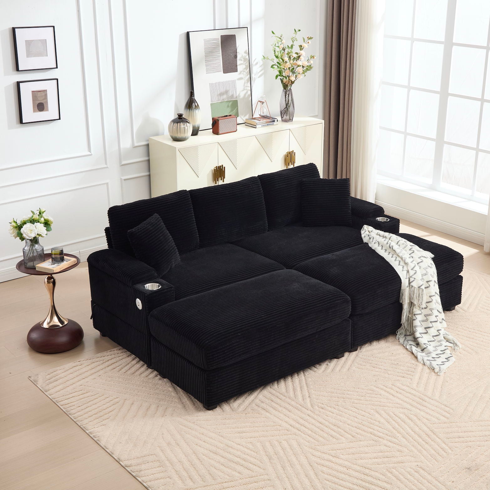 Convertible Sectional Sofa Bed Set With Armrest Storage, Cup Holder, USB - Black Home Essentials
