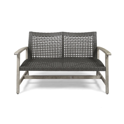Hampton - Outdoor Wood And Wicker Loveseat - Gray Noble House