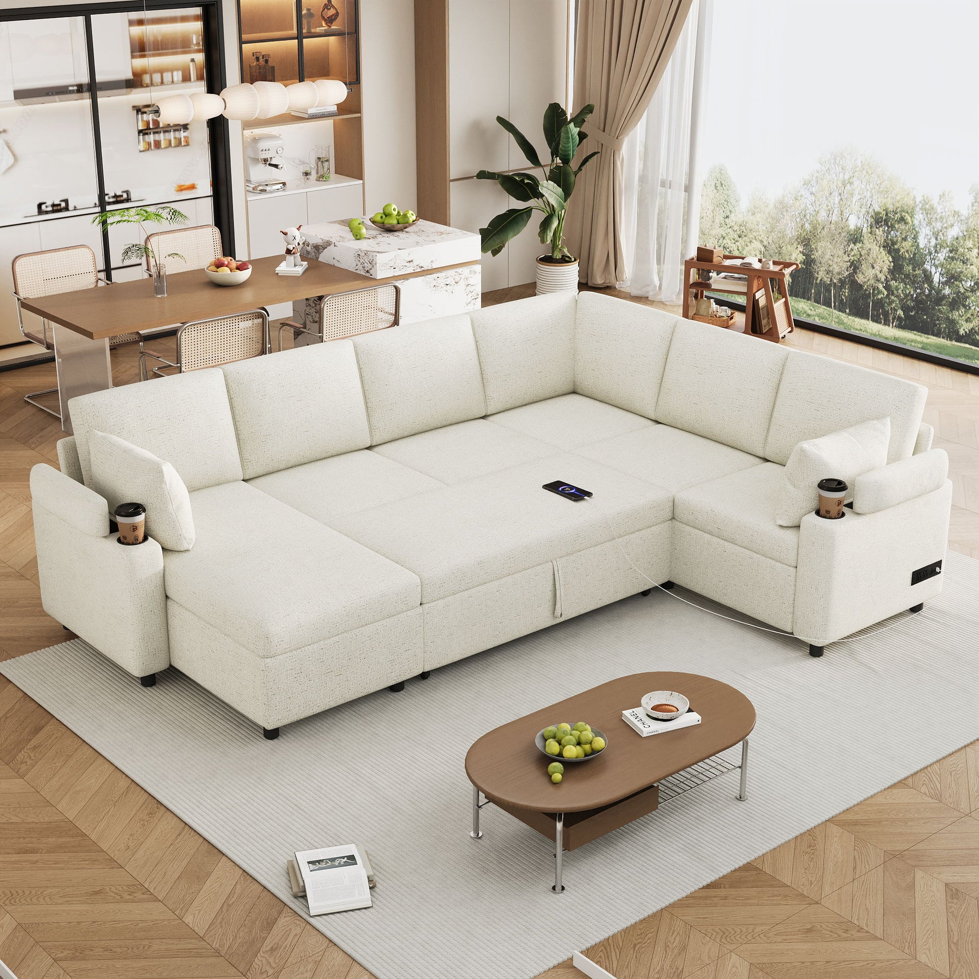 U-Shaped Sectional Sleeper Sofa With Ample Storage Space, 2 Cup Holders And Charging Ports For Living Room Hearth and Haven