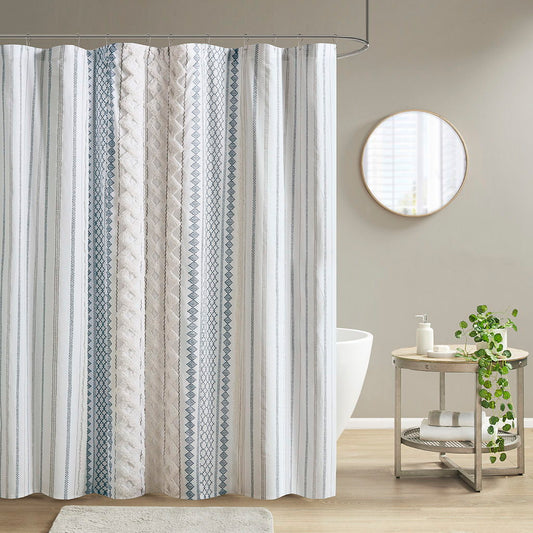 Imani - Cotton Printed Shower Curtain With Chenille - White/Navy