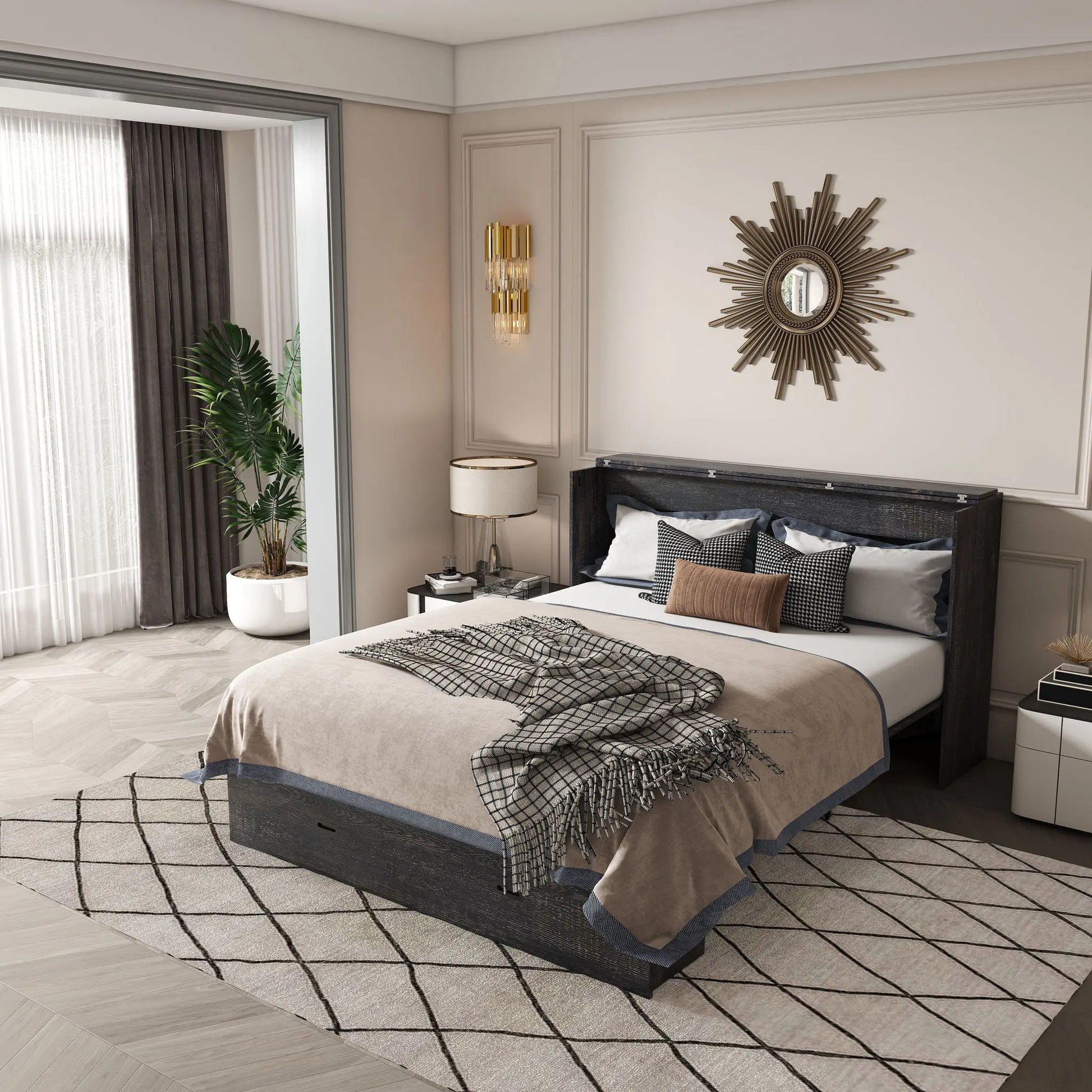 Murphy Bed With Storage Drawers And Charging Cabinet, Foldable Panels, Swivel Wheels Home Essentials