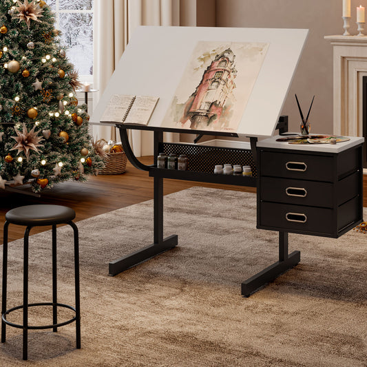 Adjustable Drafting Drawing Table With Stool And 3 Drawers - White / Black Home Essentials