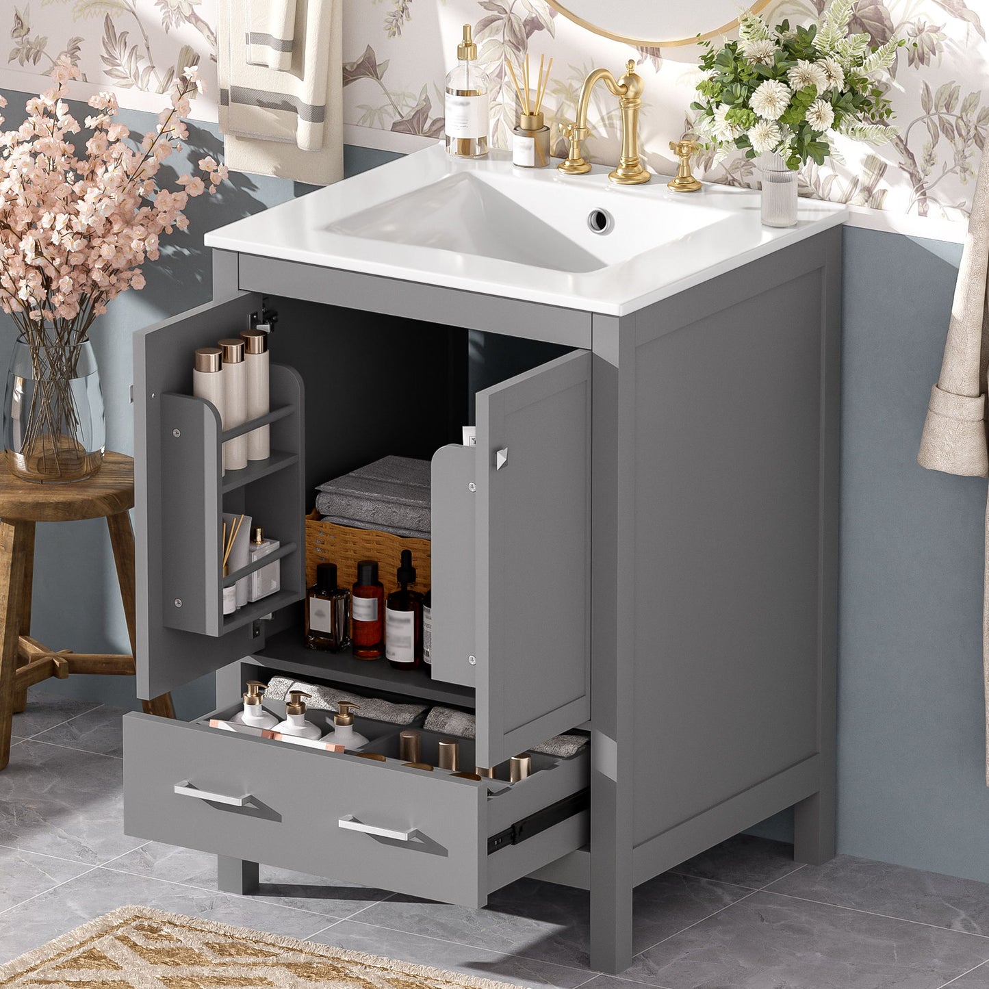 Bathroom Vanity With Integrated Undermount Ceramic Sink, 2 Doors And 1 Drawer, Soft Close Hinges Hearth and Haven