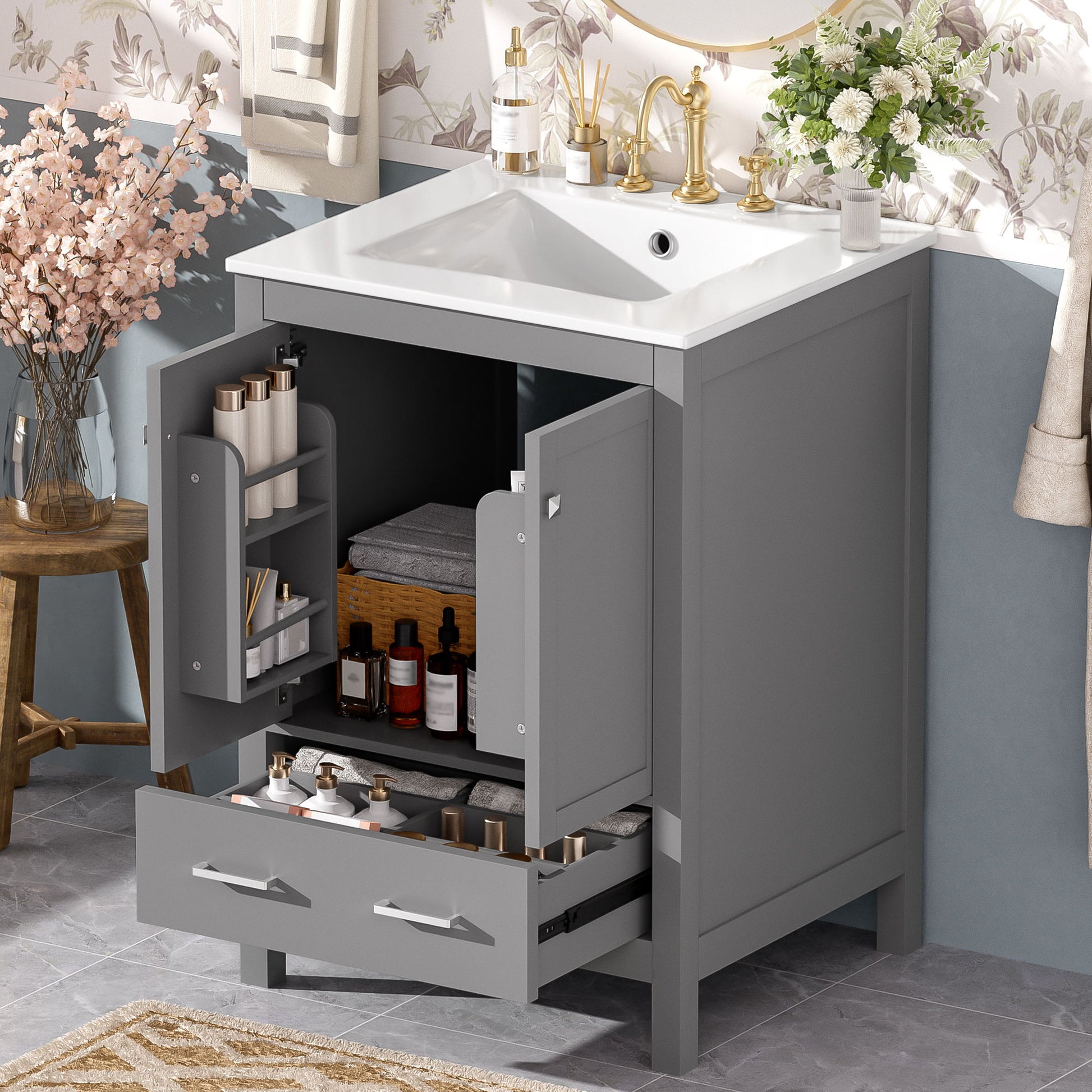 Bathroom Vanity With Integrated Undermount Ceramic Sink, 2 Doors And 1 Drawer, Soft Close Hinges Hearth and Haven
