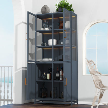 Modern Style Tall Steel Display Cabinet With Double Glass Doors, LED Lights Hearth and Haven