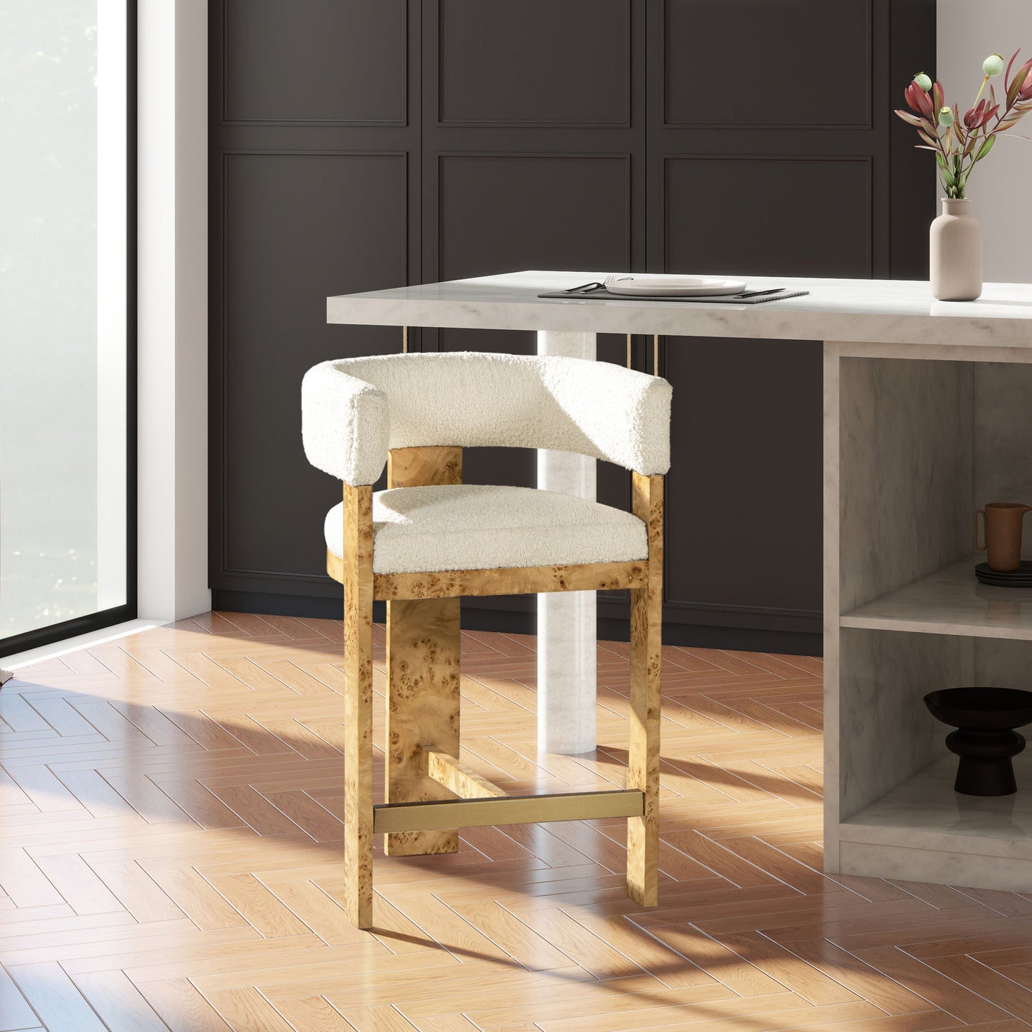 Vavona - Burl Upholstered Barrel Back Counter Height Bar Stool - Polar Off White Jennifer Taylor Home