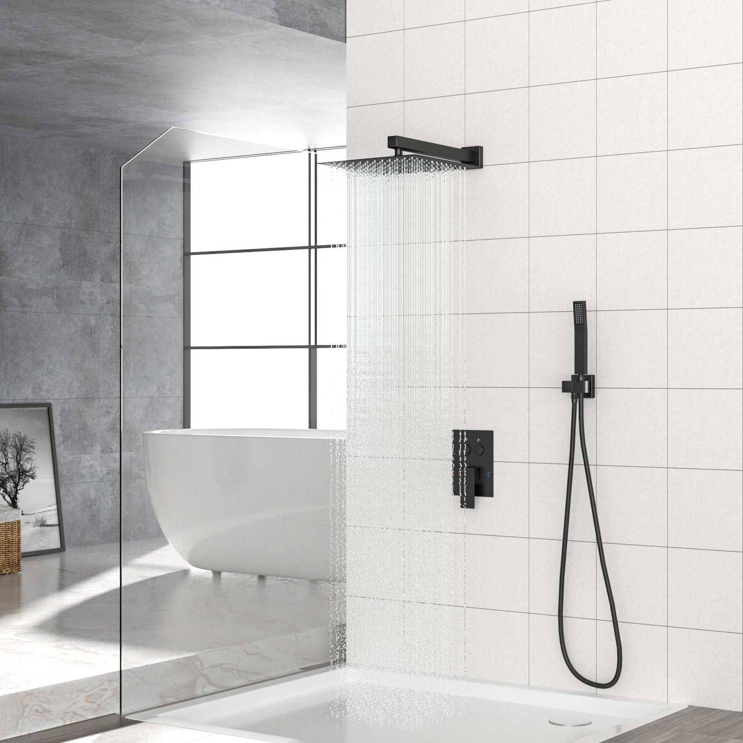 Dual Shower Head System With Rainfall Design, 10" Wall Mounted Square Shower Set - Matte Black Daily Nest