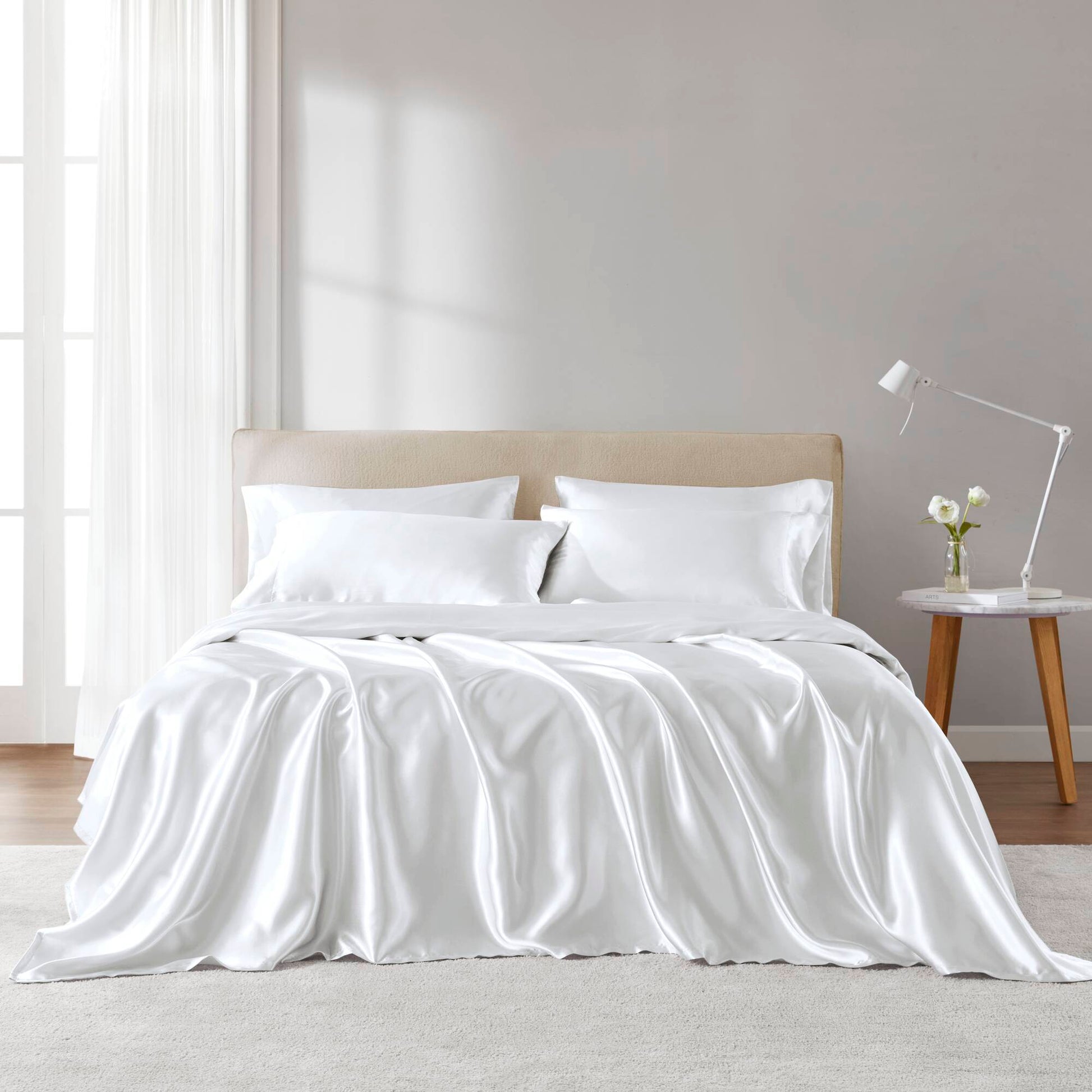 Satin - California King Wrinkle - Free Luxurious 6 Piece Sheet Set - White Madison Park Essentials