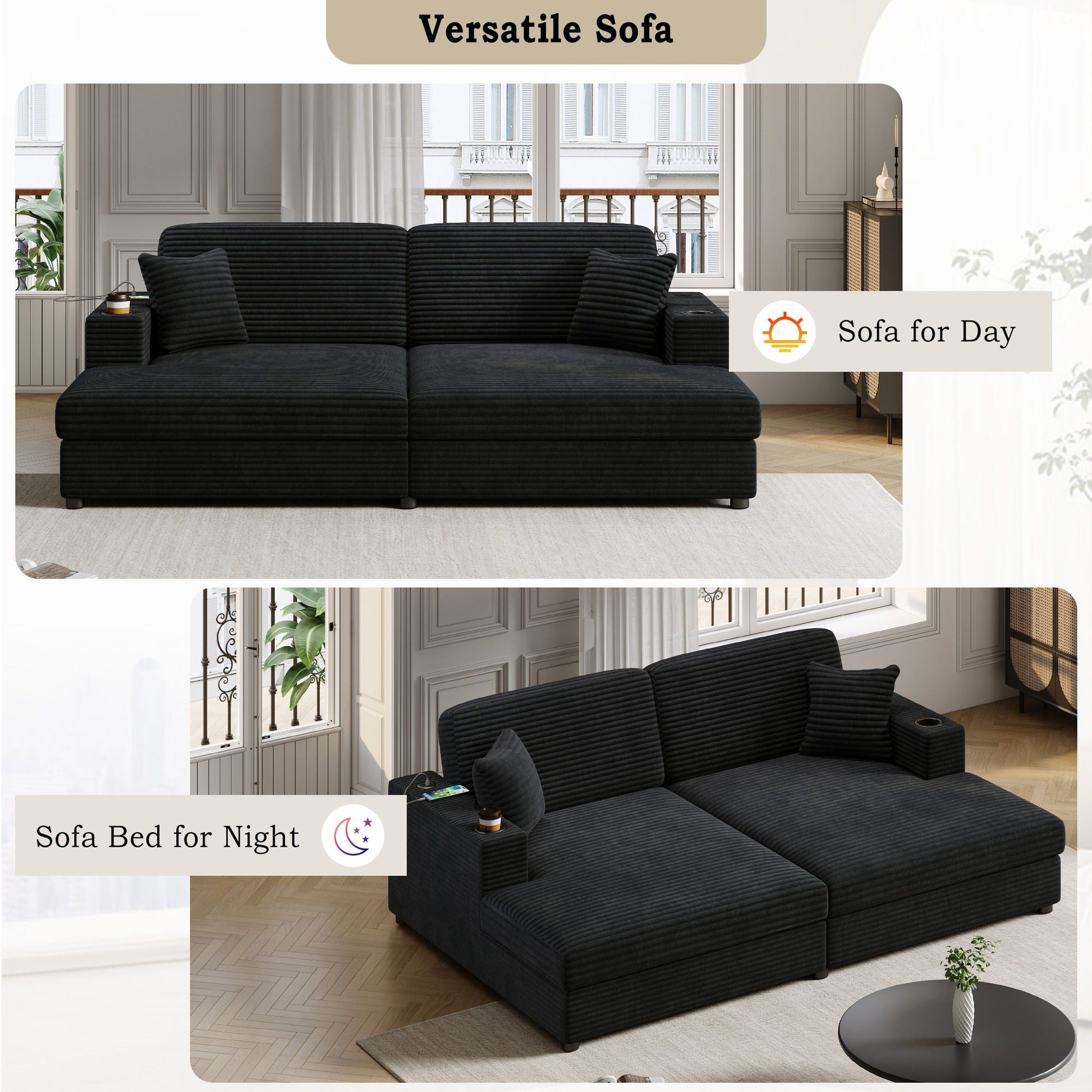 Oversized Loveseat Chaise With 2 USB Ports, 2 Cup Holders And 2 Throw Pillows Hearth and Haven