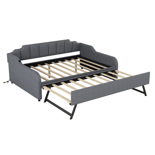 Full Size Upholstered Daybed With Trundle And USB Charging - Gray Hearth and Haven