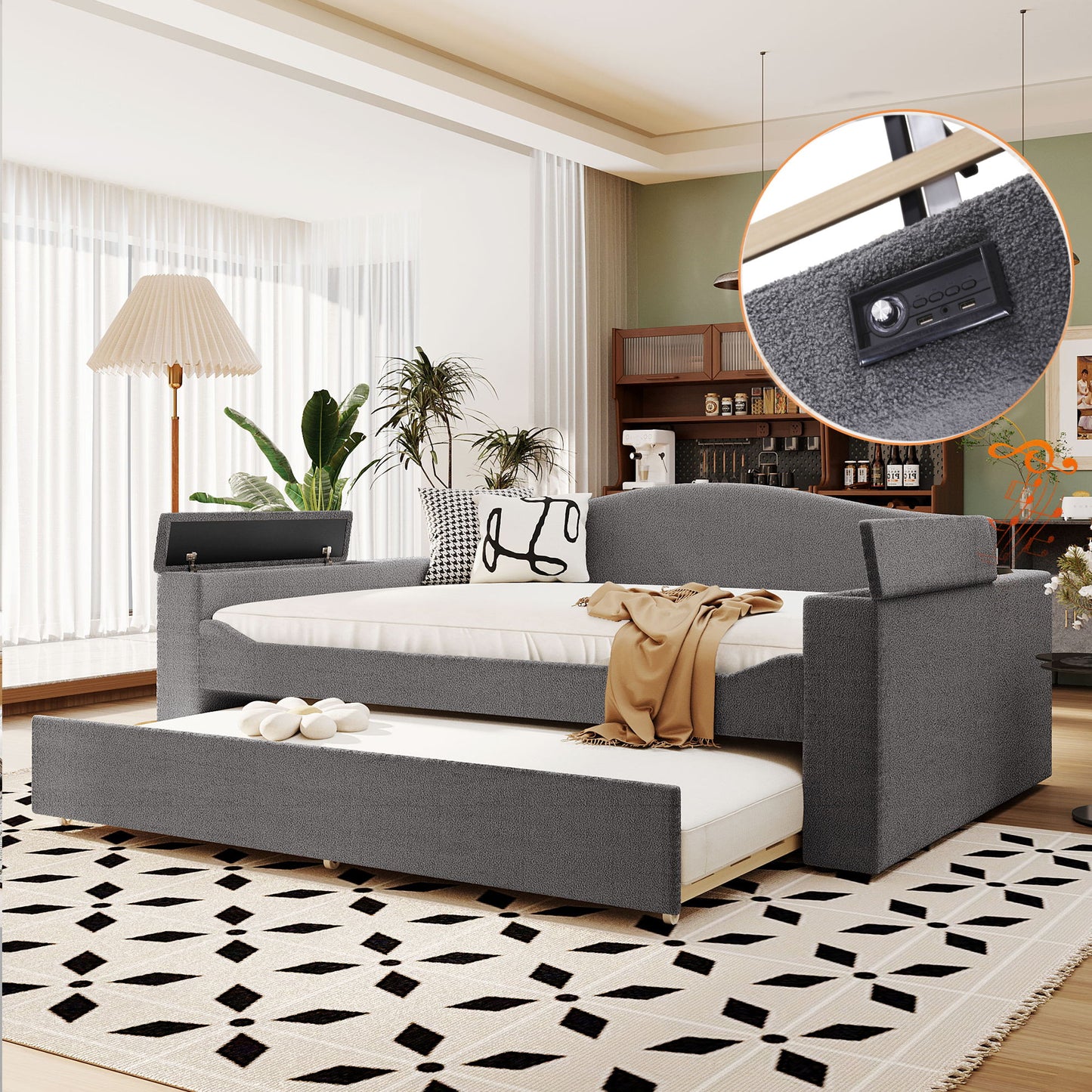 Upholstered Daybed With Storage Armrests, Trundle And Latest Integrated Bluetooth Audio System Halcyon Home