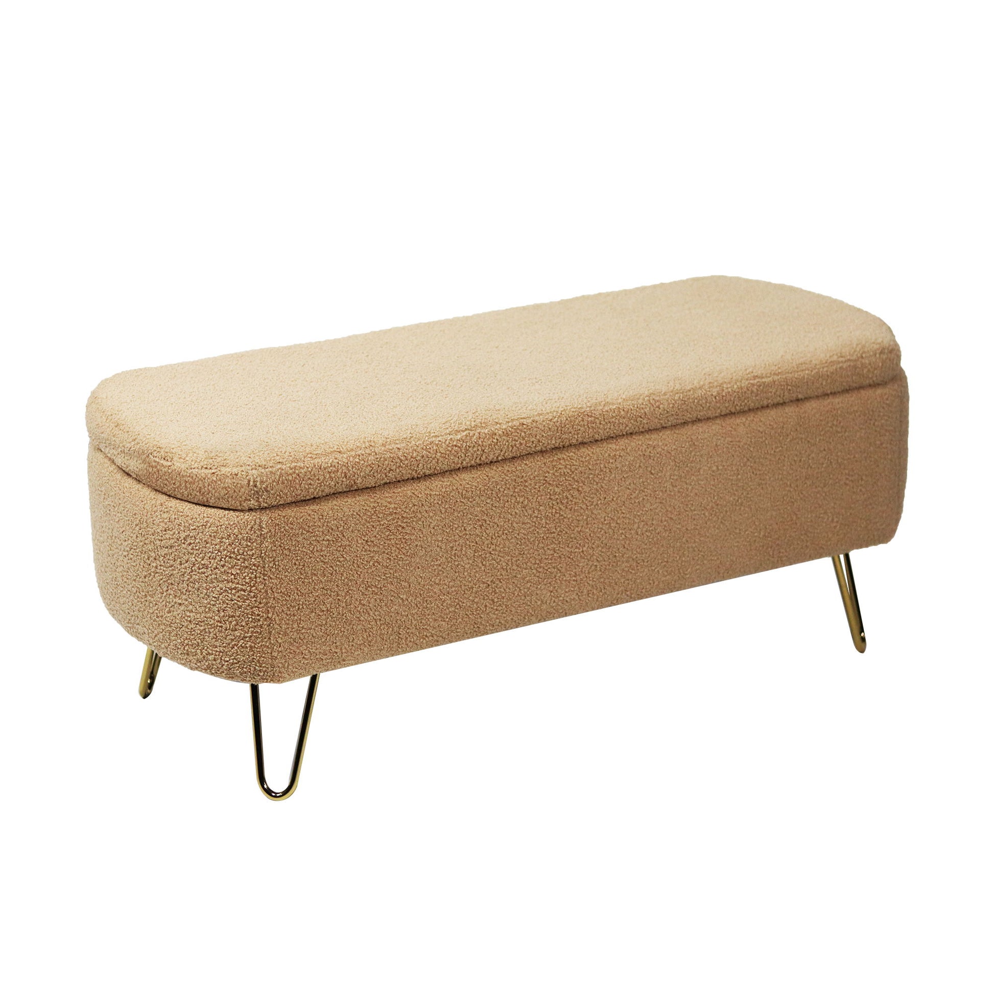 Storage Ottoman Bench For End Of Bed Gold Legs, Modern Camel Faux Fur Entryway Bench Upholstered Padded With Storage For Living Room Bedroom Home Essentials