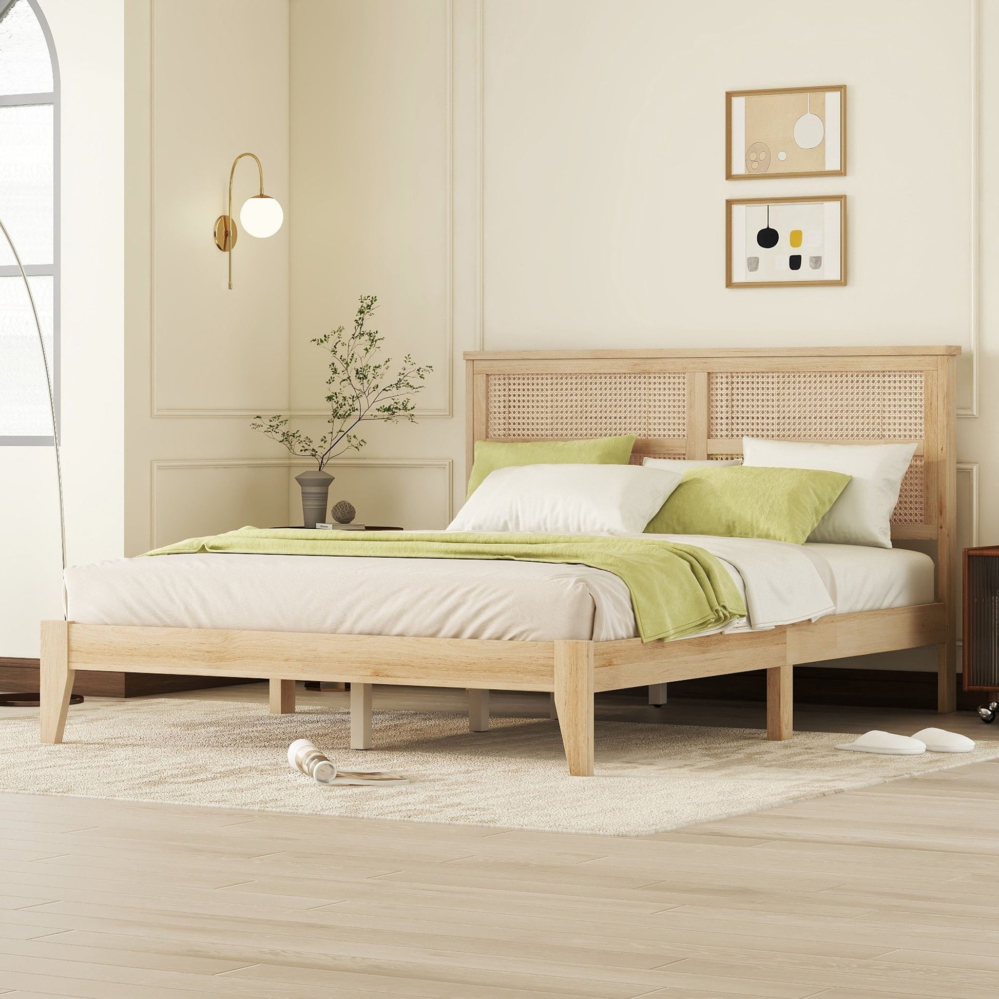 Queen Size Rubber Wooden, Solid Wooden Bed With Rattan Headboard, Enhanced By Support Feet - Natural Home Essentials