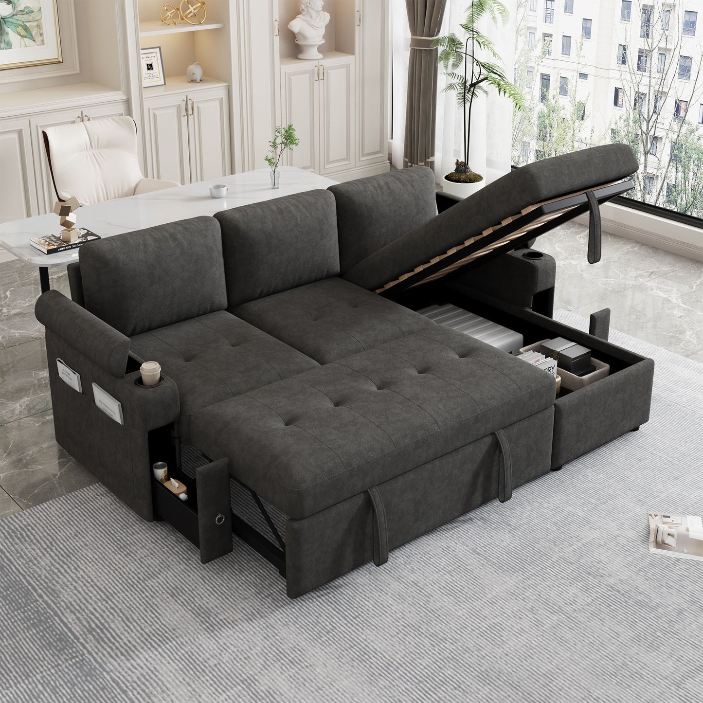 Convertible L Shaped Sofa Couch With Storage, Cup Holders, USB Ports Hearth and Haven