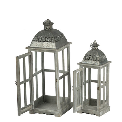 Wooden Candle Lantern Decorative, Hurricane Lantern Holder Decor For Indoor Outdoor, Home Garden Wedding (Set of 2) - Gray