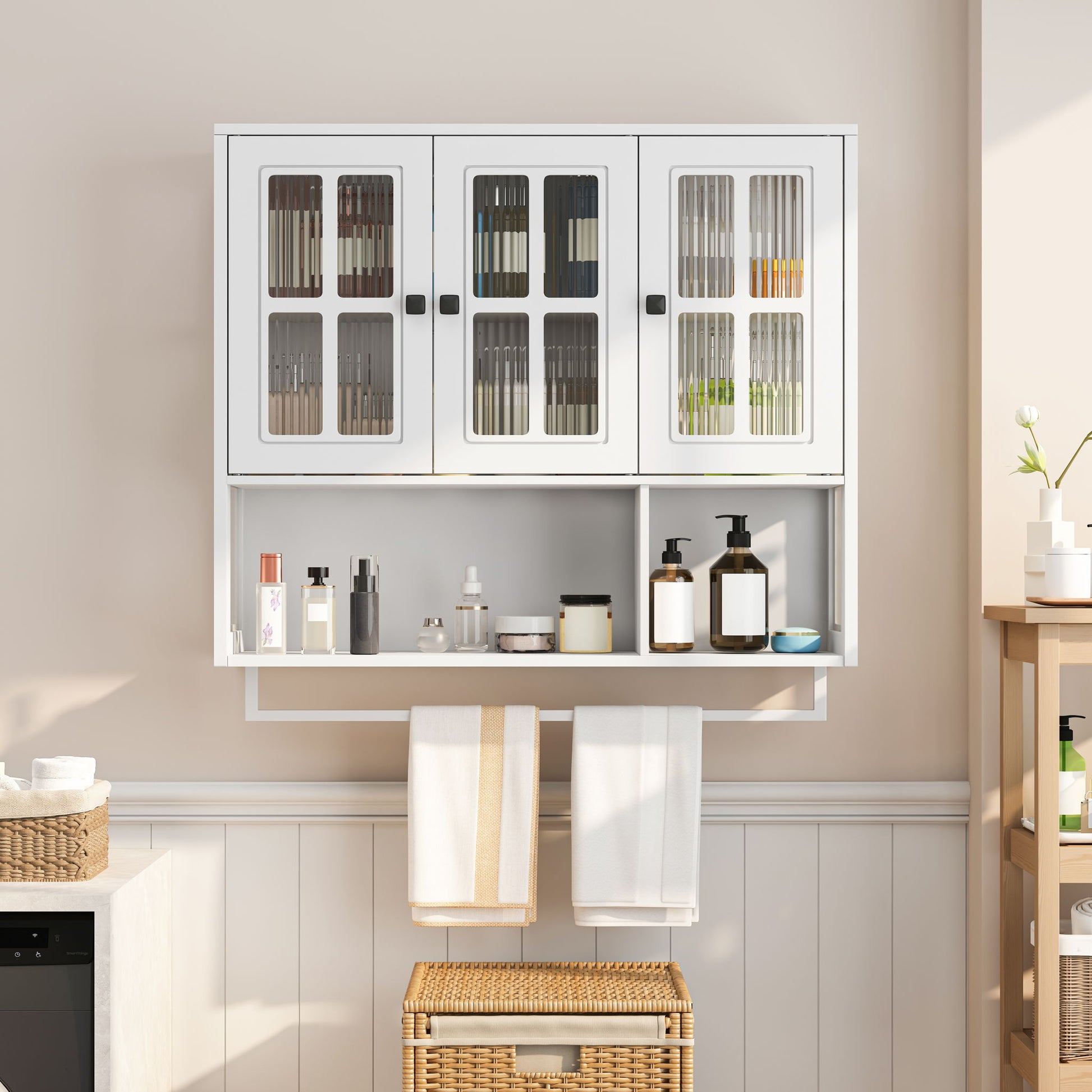3 Door Wall Cabinet With Glass Door And Towel Bar Home Essentials