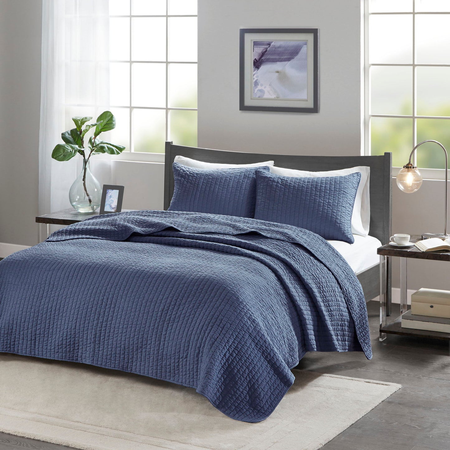 Keaton - King Reversible Coverlet Set - Navy