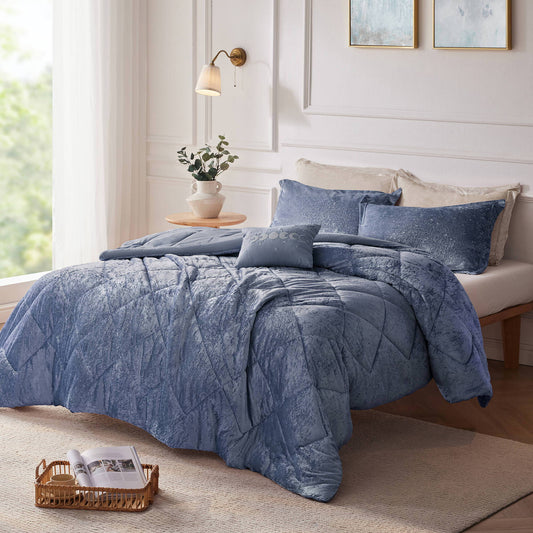 Felicia - Velvet Twin Duvet Cover Set With Throw Pillow - Blue Intelligent Design