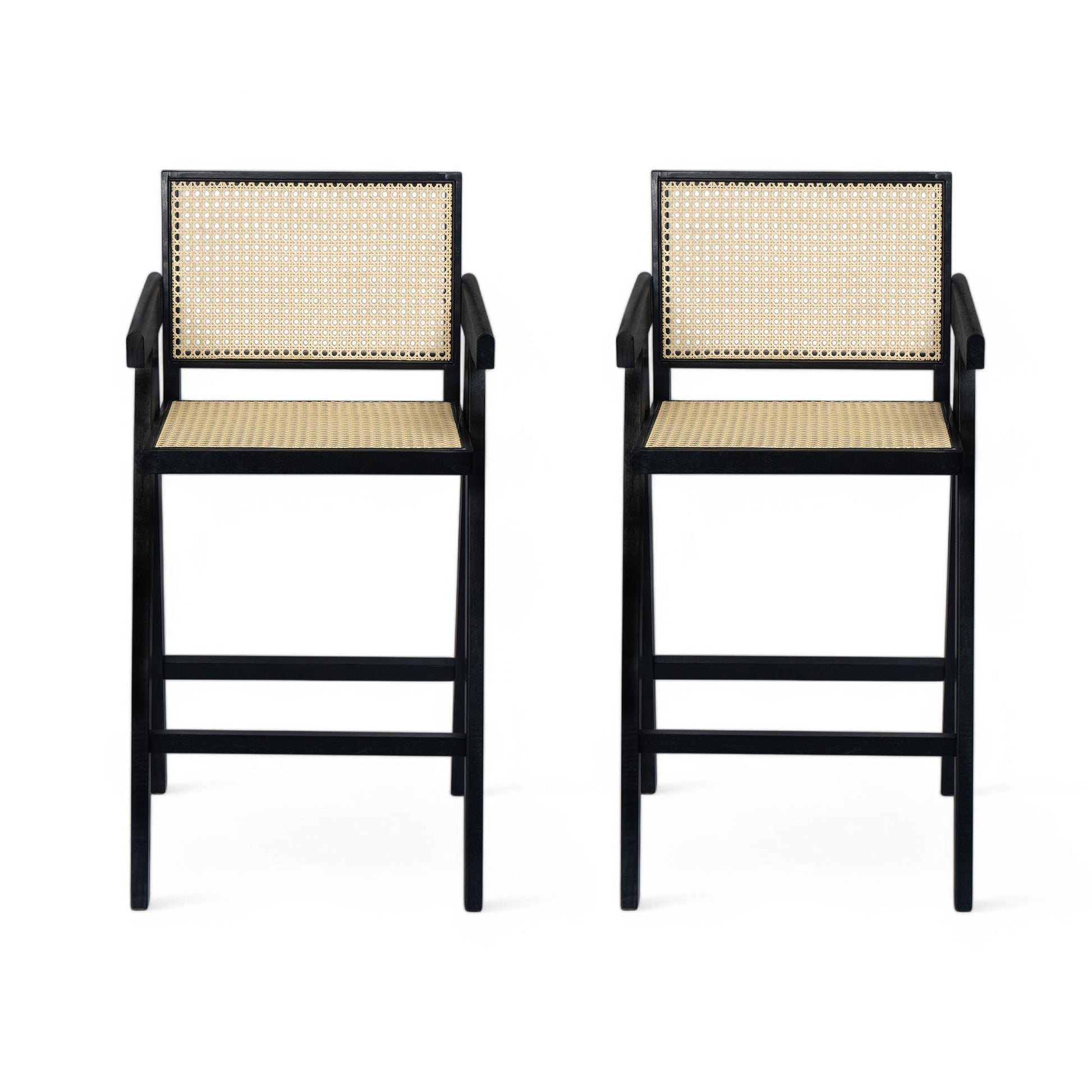 Modern Minimalist Bar Stool With Cane Seat - Black / Natural Noble House