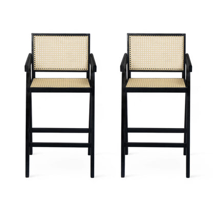 Modern Minimalist Bar Stool With Cane Seat - Black / Natural Noble House