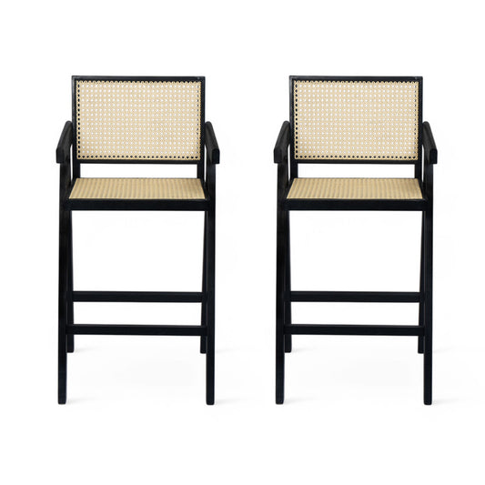 Modern Minimalist Bar Stool With Cane Seat - Black / Natural Noble House